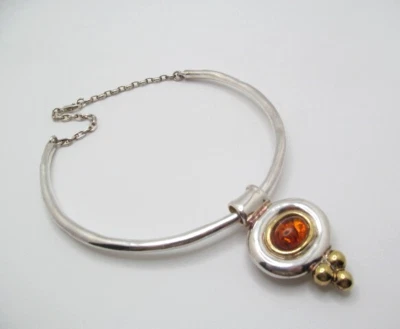 Collar martillado colgante doble ámbar oro plata esterlina 925 Israel Foto 1 de 4