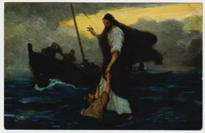 Antique Postcard GERMANY Holy Scripture Robert Leinweber Jesus Walks on the Sea - Picture 1 of 2