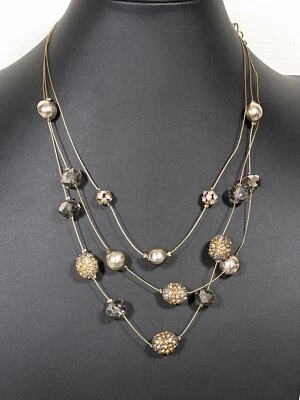 Chicos Gold Tone Gray Crystal Ball Glass Station Bead Layered Wire Necklace 21" - Image 1 of 4