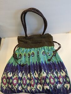 Peacock Print & Straw Drawstring Double Handle Large Boho Shoulder Bag