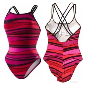 Speedo Red/Pink/Black Striped Crossback One-Piece Swimsuit Women's Size 8 - Picture 1 of 5