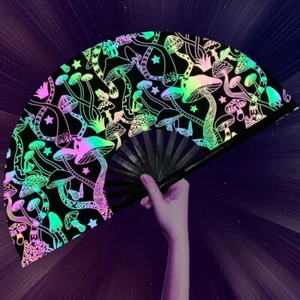✨ Mushroom UV ✨FLASH Black Reflective Fabric Hand Folding Fan Rave Loud Clacking - Picture 1 of 6