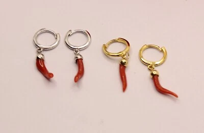 Orecchini Argento Corno Corallo Rosso Naturale Cerchi mm 12 Dorati e Rodiati - Immagine 1 di 4