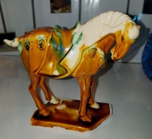 Vint Chinese Tang Dynasty War Horse Figurine 1950s Majolica Sancai Drip Glaze - Picture 1 of 8