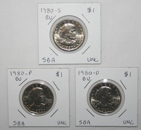 1980 P,D,S Susan B Anthony $1 BU One Dollar Coins Cover
