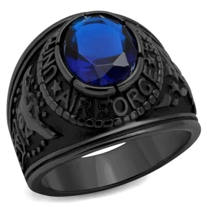 Anillo para hombre de la Fuerza Aérea de los Estados Unidos enchapado negro acero inoxidable cristal azul TK316 - Imagen 1 de 29