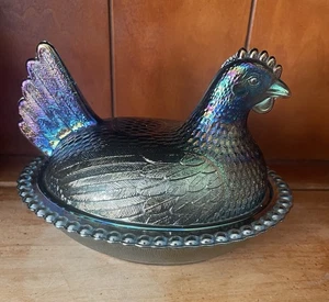 Vintage Indiana Glass Iridescent Carnival Blue Hen On A Nest - Candy Dish 7" - Picture 1 of 7