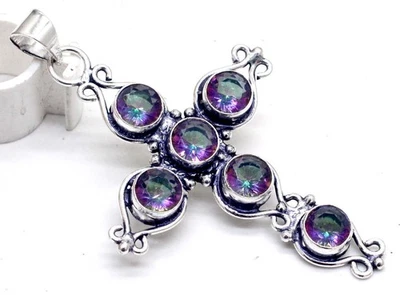 Colgante Cruz Hecho a Mano Joyería Piedras Preciosas Topacio Místico Plata de Ley 925 Foto 1 de 2