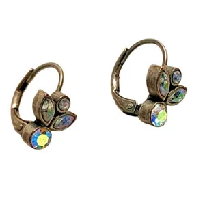 Vintage 70s Silver Tone Floral Drop Earrings with Iridescent Stone - Picture 1 of 9