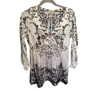 Y2K White Black Paisley V Neck Pleated A Line Tunic Womens Blouse Size Large - Picture 1 of 13
