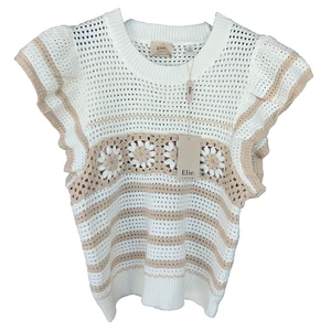 ELIE TAHARI Crochet Knit Pullover Sweater Ivory Cotton Blend LG Ivory / Oat NWT - Picture 1 of 4
