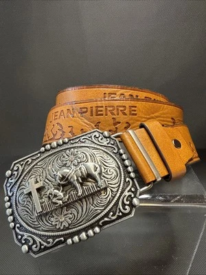 Jean Pierre Leather Belt 44” Silver Plate Praying Cowboy Belt Buckle Rhinestone - Image 1 of 4