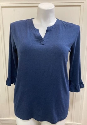 Hasting & Smith Shirt Top Womens Large Cotton Blend Sleeve V NeckNavy - Image 1 of 4