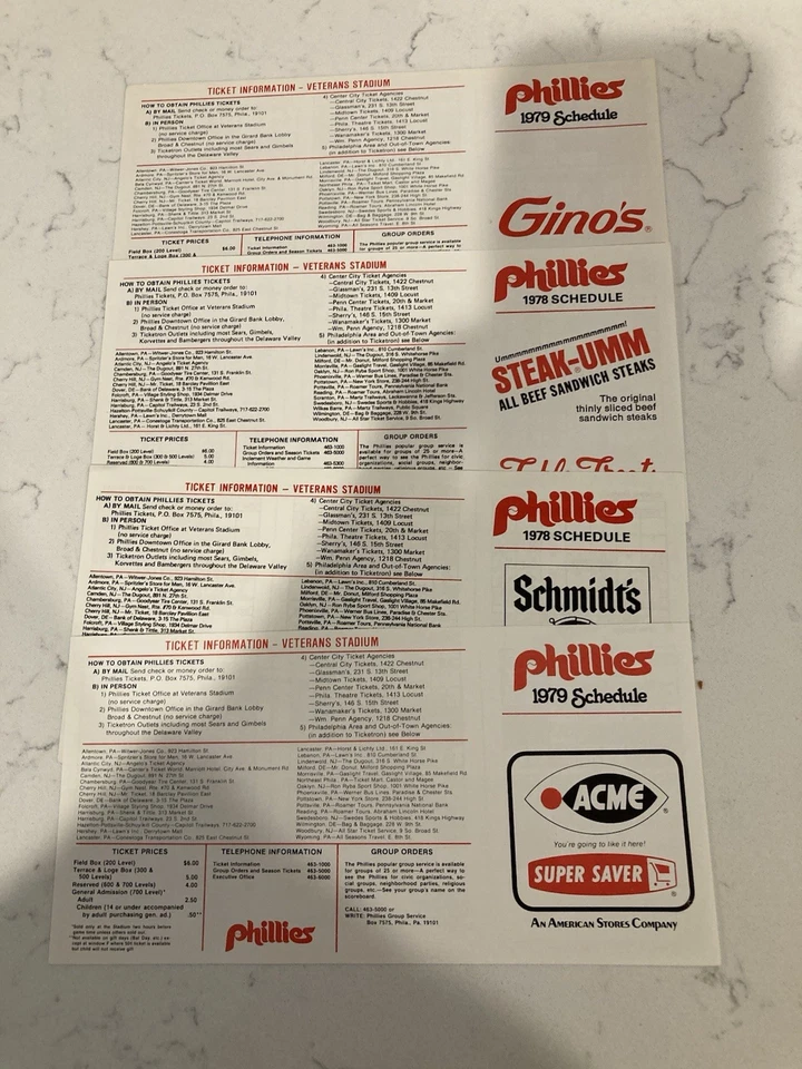 (4) Diff 1970’s Philadelphia Phillies Baseball Pocket Schedule Lot Unfolded - Image 1 of 1