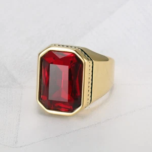 Vintage Square Red Glass Wedding Ring Stainless Steel Men's Retro Wedding Ring - Picture 1 of 4