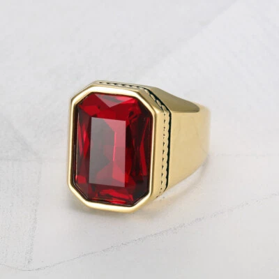Anillo de boda retro vintage cuadrado de vidrio rojo de acero inoxidable para hombre Foto 1 de 4