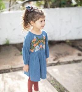 Vestido Mimi & Maggie Niñas S 7/8 Floral Bordado Índigo Patchwork Coleccionar - Imagen 1 de 8