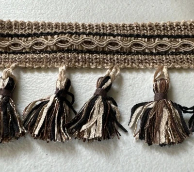 Conso 3 1/4” Tassel Fringe Neutral Tones Tan Brown Black Sewing Trim  18 Yards - Image 1 of 4