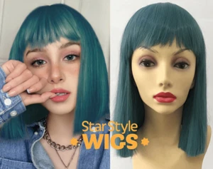 DELUXE TÜRKIS BLAU GRÜN GERADE BOB PERÜCKE MIT FRANSEN PONY, STUMPFER SCHNITT, MODE - Bild 1 von 5