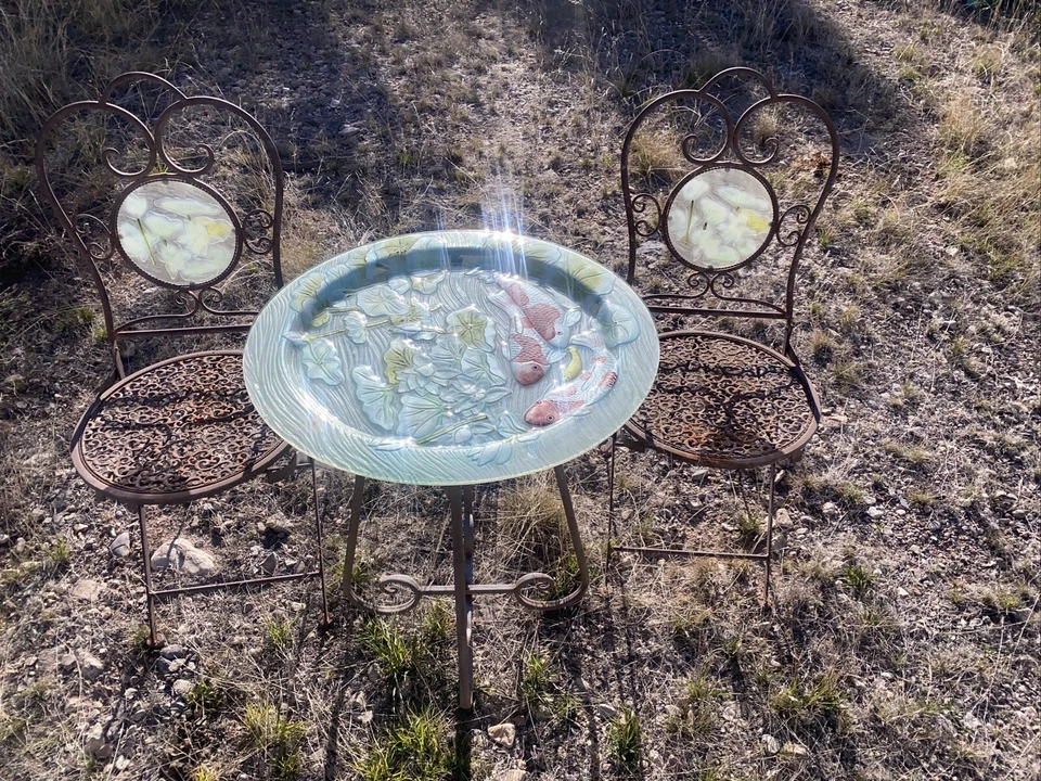 Vintage Wrought Iron Glass Koi Top Table and 2 Lily Pad Glass Tile Folding Chair - Image 1 of 4