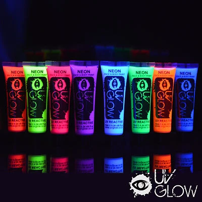 UV Glow Neon Face Paint Body Paint 10ml - Set of 8 - Fluorescent Festival Makeup - Image 1 of 4