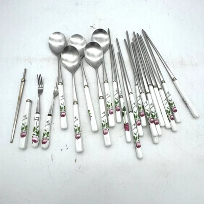 Vintage Stainless Flatware Set Porcelain Floral Handles Spoons Forks Chopsticks - Image 1 of 4