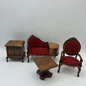 Vintage Red Velvet French Victorian Style Dollhouse Couch, Chair, Hutch & Table - Picture 1 of 10