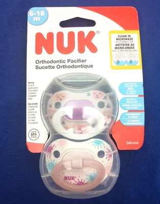 NUK 2 Pack Orthodontic Pacifiers Pink White 6-18M Bears Sun Design BPA FREE New - Image 1 of 4