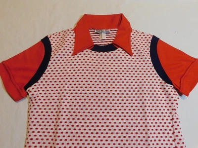 NOS VTG 60s MOD SHIRT TOP BLOUSE SOFT KNIT WIDE COLLAR DOTS RED BLUE WOMENS S /M - Image 1 of 4