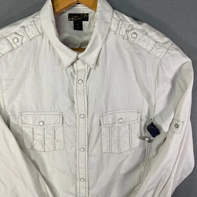 Camisa Helix Para Hombres L Abotonada Manga Larga Blanca Informal Bolsillos Occidentales Foto 1 de 4