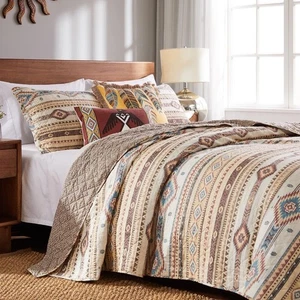 Queen Quilt Set Southwestern Geometric Tan Rustic Desert Bohemian Lightwgt 3 Pc - Picture 1 of 24