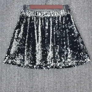 JOA Los Angeles Mini Skirt Womens M Black Silver Sequin Pull-On Flared Skater - Picture 1 of 9