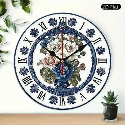 Silent Non-Ticking Wooden Wall Clock 10", Rustic Blue-White Floral Porcelain. - Image 1 of 4