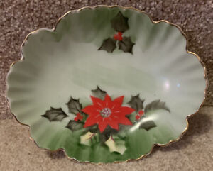 Vtge Lefton Ltd Ed China Painted Christmas Poinsettia Holly Snack Set Cup Plate