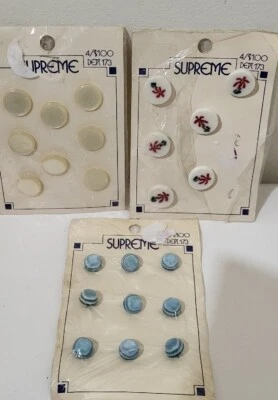 Vintage Supreme Buttons New on Card 3 SETS Floral Blue Stripe Faux PEARL FLAT - Image 1 of 4