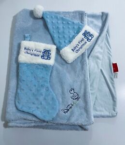 Baby’s First Christmas Stocking & Hat with soft blanket Light Blue Minky