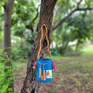 Borsa Wayuu Mochila grande colombiana fatta a mano tinta unita casual alta qualità blu nuova con etichette - Foto 1 di 11