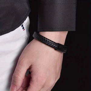 1pc New Fashion Trend Simple Hand Woven Black Leather Magnetic Buckle Bracelets - Picture 1 of 7