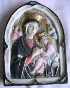Vintage religiöse russische Ikone Madonna & Kind kuppelförmige Kreidekunst handbemalt - Bild 1 von 3