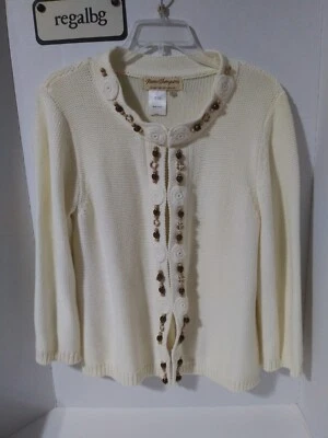 复古 Norm Thompson 开衫毛衣,尺寸 L,白色/头饰 — 第 1/4 张图片