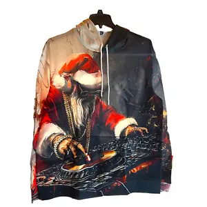 Men's Hip Hop Santa DJ Christmas Print Hooded Zip Up Jacket - Size Large pd 17z - Picture 1 of 1
