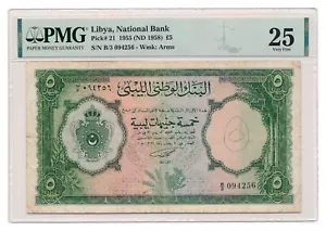 Billete LIBIA 5 libras 1955 PMG VF 25 muy fino - Imagen 1 de 7