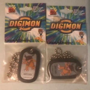 TWO Digimon Greymon Lifes a Charm Dog Tag Necklace Vintage Sealed 2000 NOS - Picture 1 of 4