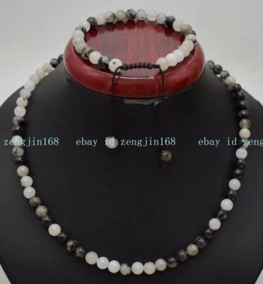 New 6/8/10mm Black Quartz Rutilated Round Gemstone Beads Bracelet Necklace Set Foto 1 de 4