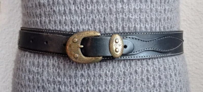 Ceinturon vintage cuir noir rock Chambord ceinture noir cow boy 111 cm - Photo 1/4