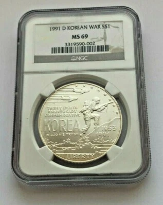 1991 D SILVER KOREAN WAR NGC MS 69 SILVER BICENTENNIAL $1 COIN - Image 1 of 4
