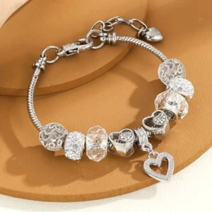 Exquisite Sparkling Heart Rhinestone Charm Bead Bracelet Gift Women Girls - Picture 1 of 2