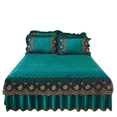 Quilted Velvet Bedspreads Queen King Size Vintage Emboridered Lace Bed Skirt - Image 1 of 4