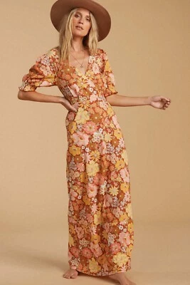 Maxi Vestido Floral BILLABONG Rubio Salado Bronce Hello There Algodón Manga Abullonada L Foto 1 de 4