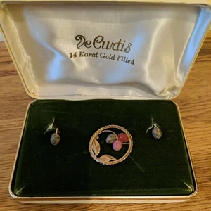 VTG DeCurtis 14k Gold Filled Carved Scarab Pin Brooch Earrings Jewelry Set Box - Picture 1 of 11